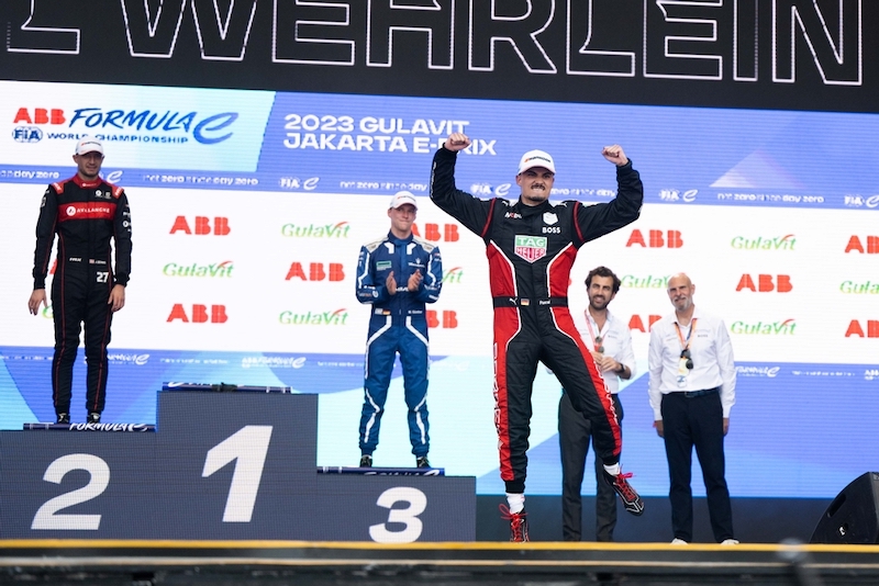 Pascal Wehrlein, TAG Heuer Porsche Formula E Team, 1st position, celebrates on the podium