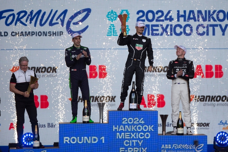 Sebastien Buemi, Envision Racing, 2nd position, Pascal Wehrlein, TAG Heuer Porsche Formula E Team, 1st position, and Nick Cassidy, Jaguar TCS Racing, 3rd position, on the podium