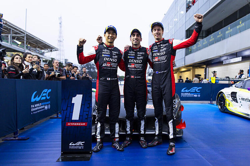 08 BUEMI Sébastien (swi), HARTLEY Brendon (nzl), HIRAKAWA Ryo (jpn), Toyota Gazoo Racing, Toyota GR010 - Hybrid #08, Hypercar, celebrating their win during the 2024 Rolex 6 Hours of Sao Paulo, 5th round of the 2024 FIA World Endurance Championship, from July 12 to 14, 2024 on the Autódromo José Carlos Pace in Interlagos, Brazil - Photo Julien Delfosse / DPPI
