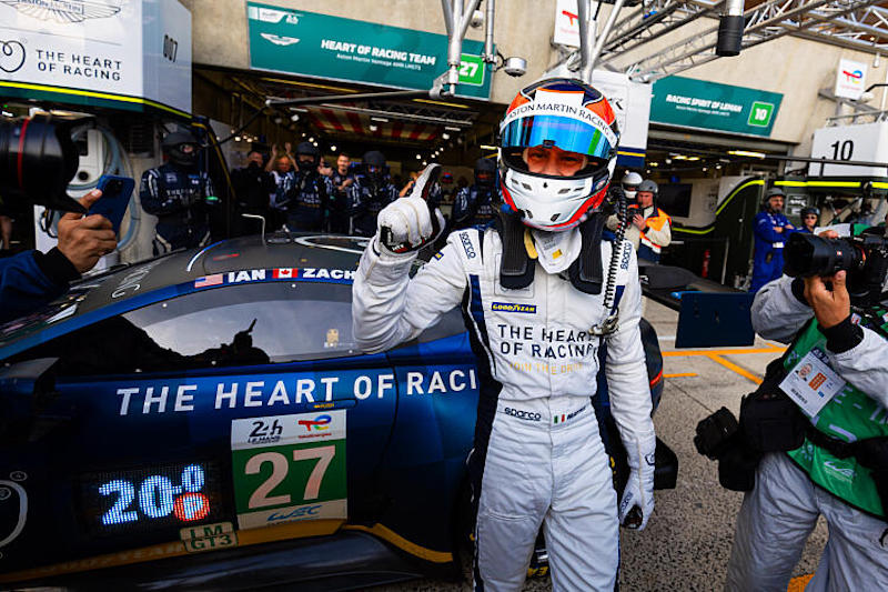 DRUDI Mattia (ita), Heart of Racing Team, Aston Martin Vantage AMR LMGT3, #27, LMGT3, portrait during Hyperpole celebration during the Free Practice and Qualifying session of the 24 Hours of Le Mans 2025, 4th round of the 2025 FIA World Endurance Championship, from June 11 to 12, 2025 on the Circuit des 24 Heures du Mans in Le Mans, France - Photo Javier Jimenez / DPPI
