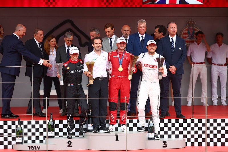 MONTE-CARLO, MONACO - MAY 03: Race winner Oliver Rowland of Great Britain and Nissan Formula E Team with Second placed Nyck de Vries of the Netherlands and Mahindra Racing and Third placed Jake Dennis of Great Britain and Andretti Formula E on the podium with Tommaso Volpe, Managing Director and Team Principal of Nissan Formula E Team, and trophy delegates during the Monaco E-Prix, Round 6 of the 2025 FIA Formula E World Championship at Circuit de Monaco on May 03, 2025 in Monte-Carlo, Monaco. (Photo by Joe Portlock/LAT Images)