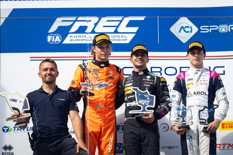BUDAPEST (HUN), Jul 2-5 2026 - Round 5 of Formula Regional European Championship 2026 at Hungaroring. podium race 2: Rashid AL DAHERI #71 R-ace GP, Alexander ABKHAZAVA #15 MP Motorsport and Emanuele OLIVIERI #73 R-ace GP. © 2026 Dutch Photo Agency.
