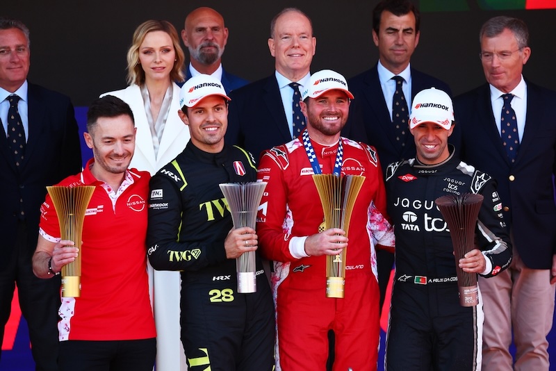 MONTE-CARLO, MONACO - MAY 17: Race winner Oliver Rowland of Great Britain and Nissan Formula E Team, Second placed Felipe Drugovich of Brazil and Andretti Formula E and Third placed Antonio Felix da Costa of Portugal and Jaguar TCS Racing celebrate on the podium during the Monaco E-Prix, Round 10 of the 2026 FIA Formula E World Championship at Circuit de Monaco on May 17, 2026 in Monte-Carlo, Monaco. (Photo by Joe Portlock/LAT Images)