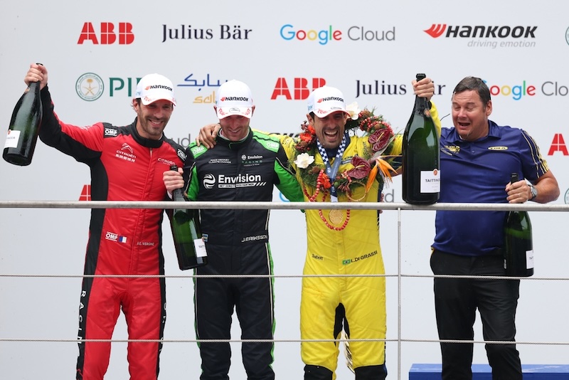 SHANGHAI, CHINA - JULY 05: Second placed Jean-Eric Vergne of France and Citroen Racing, Third placed Joel Eriksson of Sweden and Envision Racing, Race winner Lucas di Grassi of Brazil and Lola Yamaha ABT Formula E Team and Fred Espinos, Deputy Team Principal of Lola Yamaha ABT Formula E Team celebrate on the podium during the Shanghai E-Prix, Round 13 of the 2026 FIA Formula E World Championship at Shanghai International Circuit on July 05, 2026 in Shanghai, China. (Photo by Zhe Ji/LAT Images)