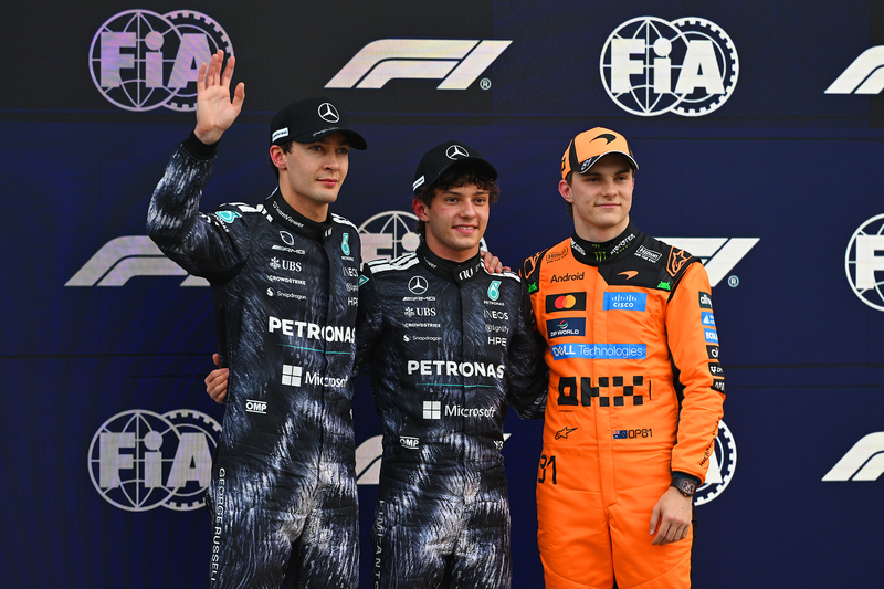Japanese Grand Prix, Saturday, Getty Images SUZUKA, JAPAN - MARCH 28: Pole position qualifier Andrea Kimi Antonelli of Italy and Mercedes AMG Petronas F1 Team Second placed qualifier George Russell of Great Britain and Mercedes AMG Petronas F1 Team and Third placed qualifier Oscar Piastri of Australia and McLaren look on during qualifying ahead of the F1 Grand Prix of Japan at Suzuka Circuit on March 28, 2026 in Suzuka, Japan. (Photo by Rudy Carezzevoli/Getty Images)