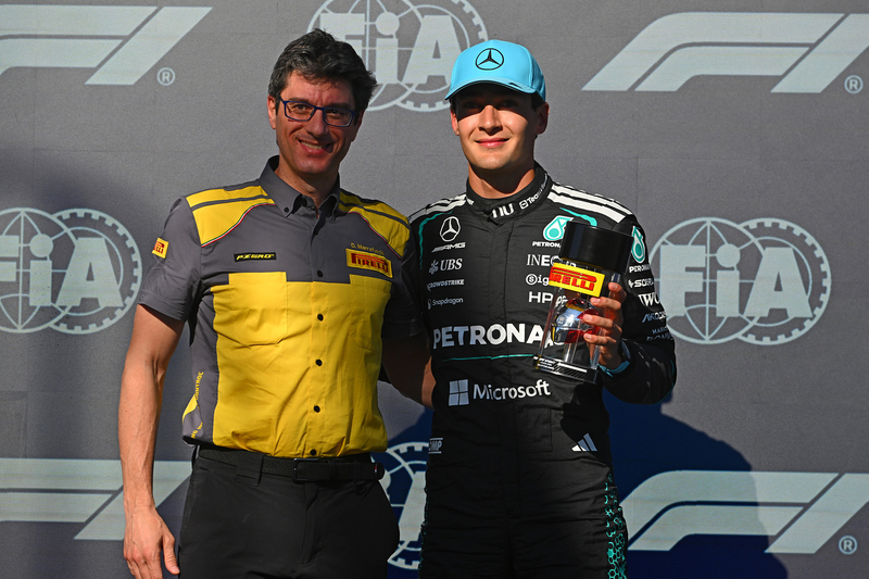 Canadian Grand Prix, Friday, Getty Images MONTREAL, QUEBEC - MAY 22: Sprint Pole qualifier George Russell of Great Britain and Mercedes AMG Petronas F1 Team receives his with his Pirelli Sprint Pole award from Dario Marrafuschi, Head of Motorsport of Pirelli during Sprint Qualifying ahead of the F1 Grand Prix of Canada at Circuit Gilles-Villeneuve on May 22, 2026 in Montreal, Quebec. (Photo by Rudy Carezzevoli/Getty Images)