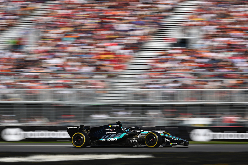 Canadian Grand Prix, Friday, Getty Images MONTREAL, QUEBEC - MAY 22: George Russell of Great Britain driving the (63) Mercedes AMG Petronas F1 Team W17 on track during Sprint Qualifying ahead of the F1 Grand Prix of Canada at Circuit Gilles-Villeneuve on May 22, 2026 in Montreal, Quebec. (Photo by Guido De Bortoli/LAT Images)