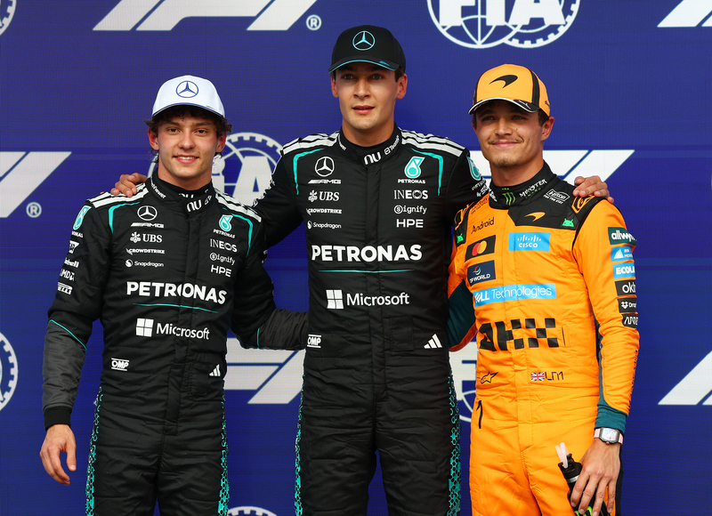 Canadian Grand Prix, Saturday, Getty Images MONTREAL, QUEBEC - MAY 23: Pole position qualifier George Russell of Great Britain and Mercedes AMG Petronas F1 Team Second placed qualifier Andrea Kimi Antonelli of Italy and Mercedes AMG Petronas F1 Team and Third placed qualifier Lando Norris of Great Britain and McLaren during qualifying ahead of the F1 Grand Prix of Canada at Circuit Gilles-Villeneuve on May 23, 2026 in Montreal, Quebec. (Photo by Sam Bloxham/LAT Images)