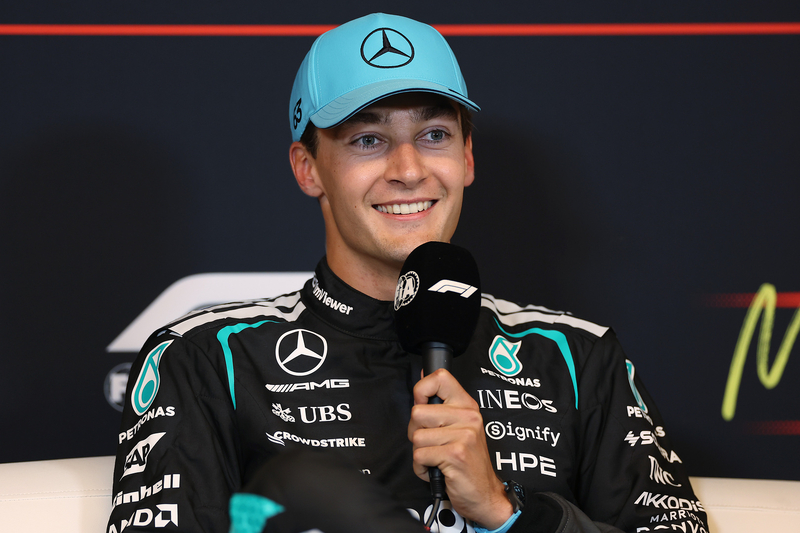 Canadian Grand Prix, Saturday, Getty Images MONTREAL, QUEBEC - MAY 23: Pole position qualifier George Russell of Great Britain and Mercedes AMG Petronas F1 Team in the Drivers Press Conference during qualifying ahead of the F1 Grand Prix of Canada at Circuit Gilles-Villeneuve on May 23, 2026 in Montreal, Quebec. (Photo by Alastair Staley/LAT Images)