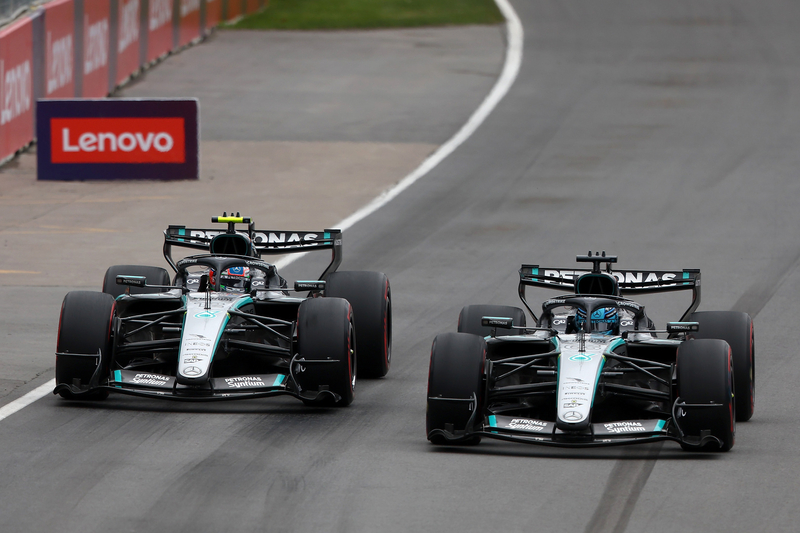Canadian Grand Prix, Sunday, Getty Images MONTREAL, QUEBEC - MAY 24: Andrea Kimi Antonelli of Italy driving the (12) Mercedes AMG Petronas F1 Team W17 and George Russell of Great Britain driving the (63) Mercedes AMG Petronas F1 Team W17 battle for track position during the F1 Grand Prix of Canada at Circuit Gilles-Villeneuve on May 24, 2026 in Montreal, Quebec. (Photo by Andy Hone/LAT Images)