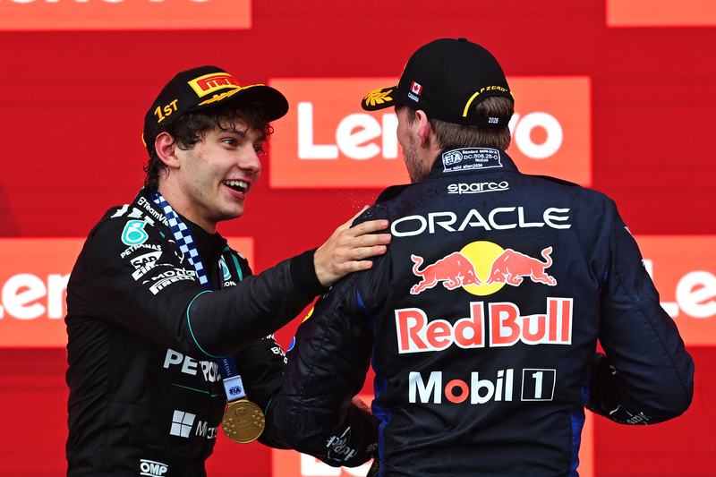 Canadian Grand Prix, Sunday, Getty Images MONTREAL, QUEBEC - MAY 24: Race winner Andrea Kimi Antonelli of Italy and Mercedes AMG Petronas F1 Team and Third placed Max Verstappen of the Netherlands and Oracle Red Bull Racing talk on the podium during the F1 Grand Prix of Canada at Circuit Gilles-Villeneuve on May 24, 2026 in Montreal, Quebec. (Photo by Rudy Carezzevoli/Getty Images)