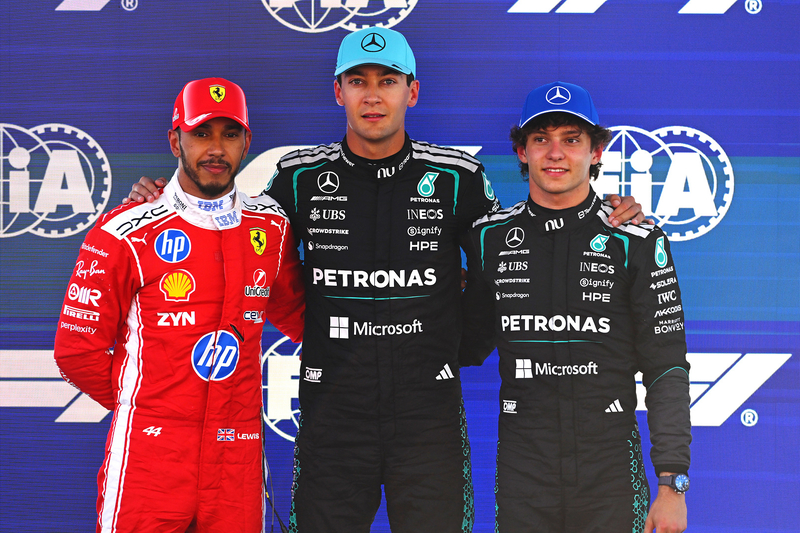 Barcelona - Catalunya Grand Prix, Saturday, Getty Images BARCELONA, SPAIN - JUNE 13: Pole position qualifier George Russell of Great Britain and Mercedes AMG Petronas F1 Team Second placed qualifier Lewis Hamilton of Great Britain and Scuderia Ferrari and Third placed qualifier Andrea Kimi Antonelli of Italy and Mercedes AMG Petronas F1 Team look oon during qualifying ahead of the F1 Grand Prix of Barcelona-Catalunya at Circuit de Barcelona-Catalunya on June 13, 2026 in Barcelona, Spain. (Photo by Rudy Carezzevoli/Getty Images)
