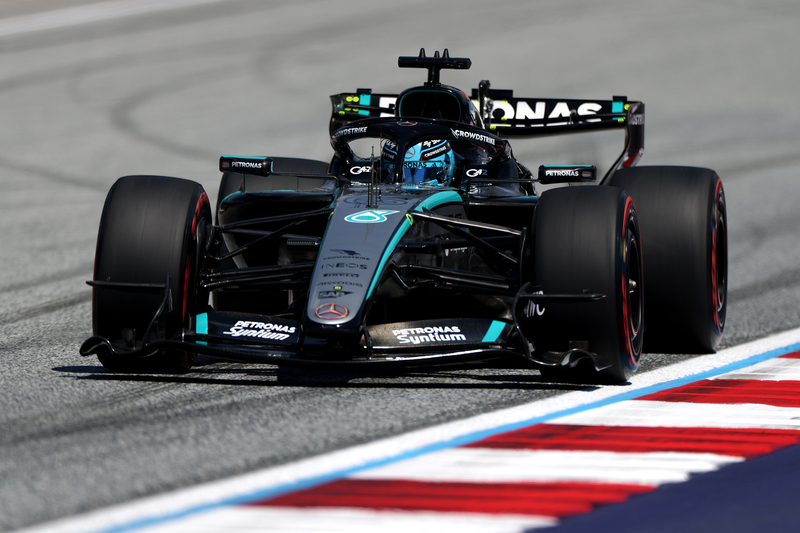 Austrian Grand Prix, Friday, Getty Images SPIELBERG, AUSTRIA - JUNE 26: George Russell of Great Britain driving the (63) Mercedes AMG Petronas F1 Team W17 on track during practice ahead of the F1 Grand Prix of Austria at Red Bull Ring on June 26, 2026 in Spielberg, Austria. (Photo by Sam Bloxham/LAT Images)