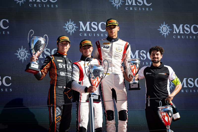 Barcelona (ESP), June 11 - 14 2026 - Grand Prix of Barcelona - Catalunya at Circuit de Barcelona - Catalunya. Podium race 2: Theophile NAEL #01 Campos Racing F3, Hiyu YAMAKOSHI #14 VAR F3 and Ugo UGOCHUKWU #02 Campos Racing F3. © 2026 Dutch Photo Agency