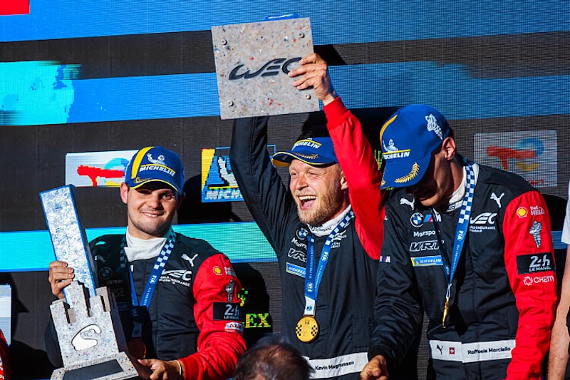 15 MAGNUSSEN Kevin (dnk), MARCIELLO Raffaele (swi), VANTHOOR Dries (bel), BMW M Team WRT, BMW M Hybrid V8 #15, Hypercar, podium, during the 6 Hours of Sao Paulo 2026, 4th round of the 2026 FIA World Endurance Championship, from July 10 to 12, 2026 on the Interlagos Circuit in Sao Paulo, Brazil - Photo Andrea Lorenzina / DPPI